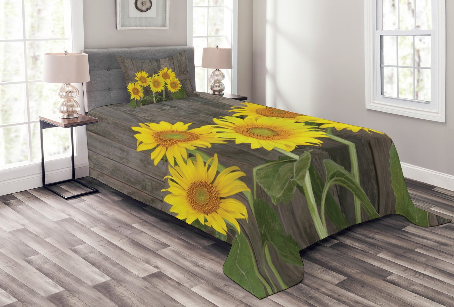 Sunflower Bedspread Set, Helianthus Sunflowers Against Weathered Aged