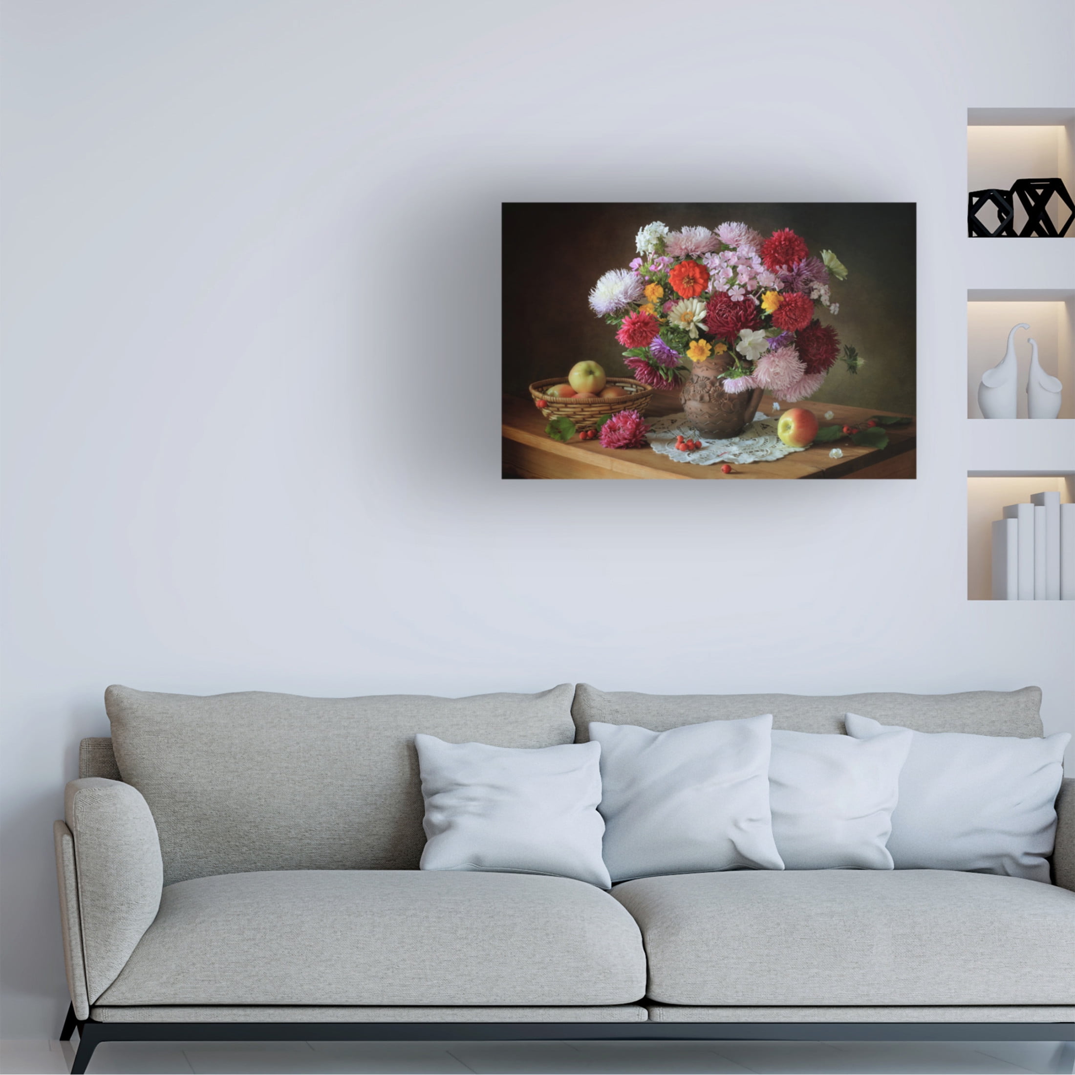 Canvas Wall Art - Tatyana Skorokhod 'Still Life With A Bouquet Of Flowers And Apples' Wall Art for Living Room, Bedroom, or Office D?cor by Trademark Fine Art - 19 x 12 Inches