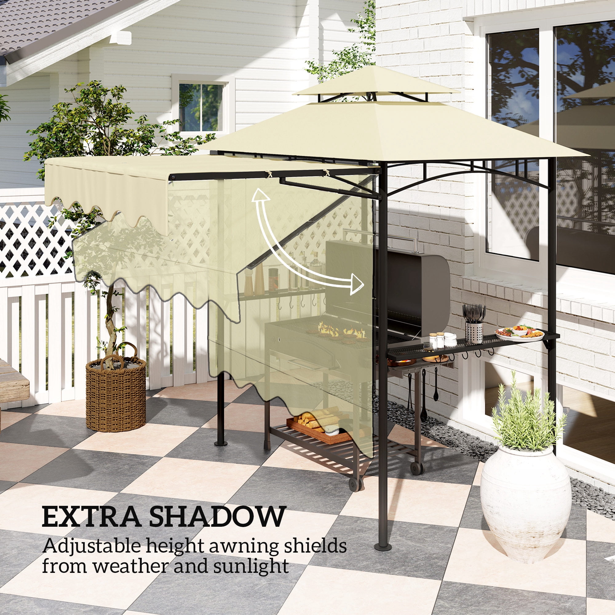 Outsunny 8' x 7.6' Grill Gazebo, Double Tiered Outdoor BBQ Gazebo with Side Awning, 2 Side Shelves and 6 Hooks for Patio, Deck, Yard, Beige
