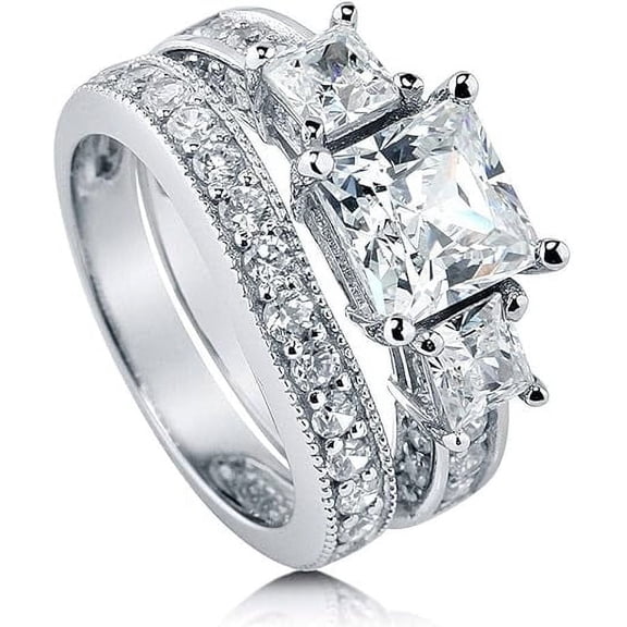 beryl_creation 925 Sterling Silver 2.47 Ct Princess Cut White Diamond Wedding Engagement Thanksgiving Christmas Bridal Ring Set 14K White Gold Plated For Women's -4