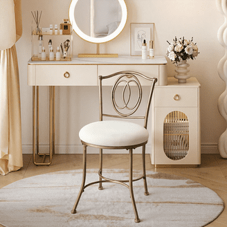 Kings Brand Furniture Cream & Brown Metal Vanity Stool Ottoman   Upholstered Seat for Bedroom, Bathroom & Makeup Room - Walmart.com