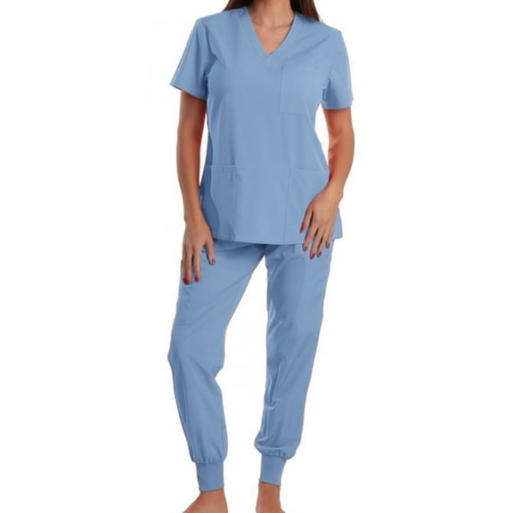 DJDLJWCJ Scrubs for Women 2 Piece Sets V-Neck Short Sleeve Caregiver Tops Drawstring Adjust Waistband Multi-pocket Long Pants Nurse Uniform Light Blue XL