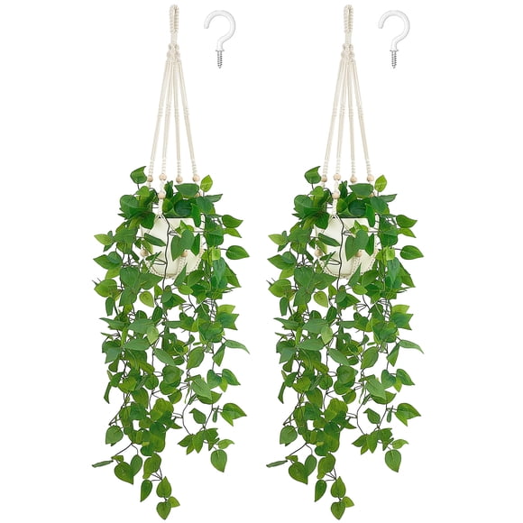 Planta colgante artificial Mkono Pothos con maceta y colgador de macramé