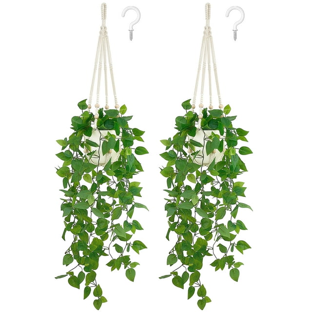 Planta colgante artificial Mkono Pothos con maceta y colgador de macramé