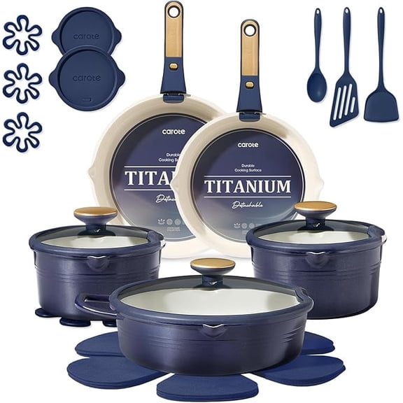 Carote 22 Pcs Ceramic Cookware Set, Pots and Pans Set with Detachable Handles, Oven Safe, Induction Cookware, Stackable Kitchen Cooking Set, Blue
