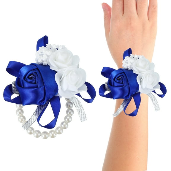2 Pcs Wrist Corsage Silk Rose Pearls Wedding Bridesmaid Party Dark Blue