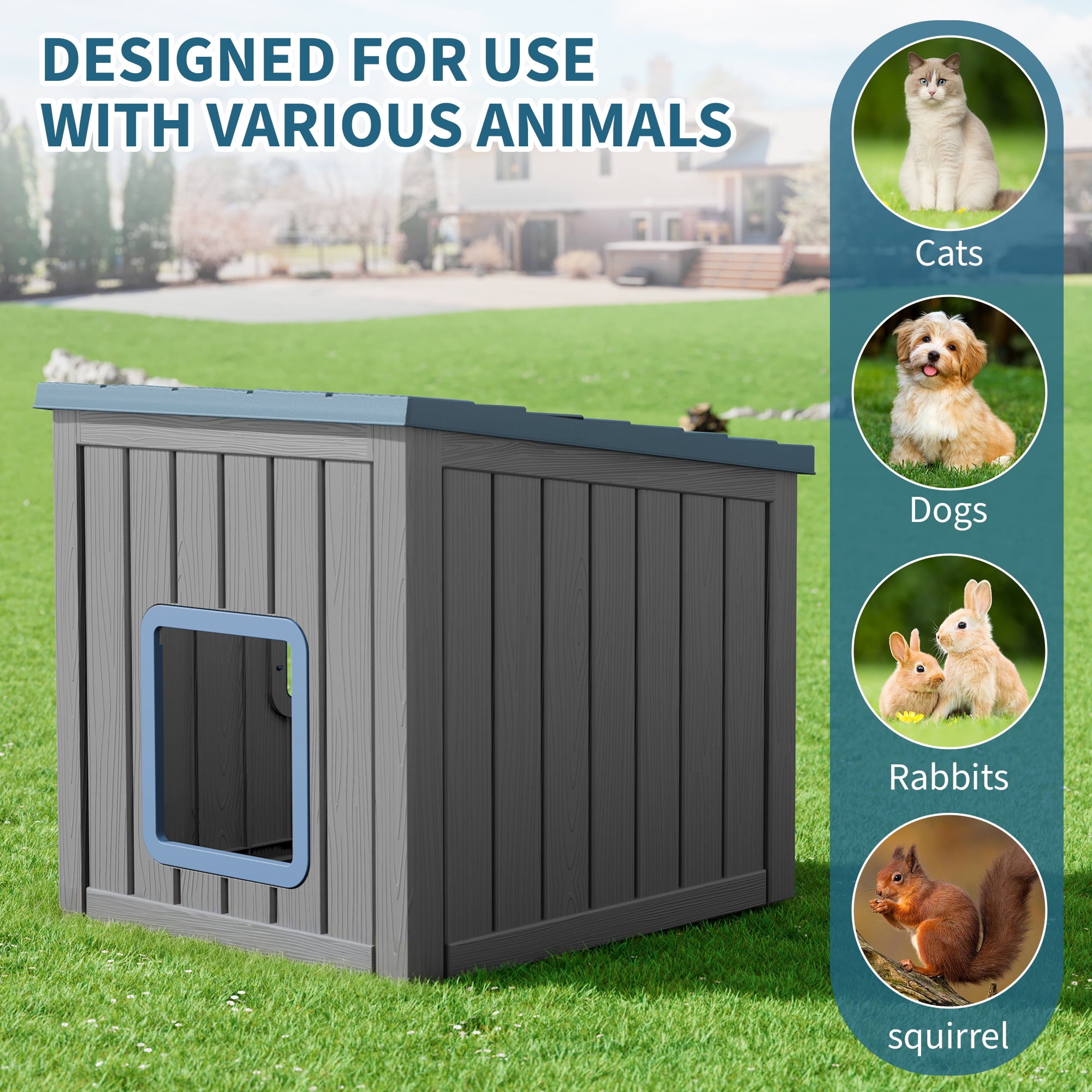 LHBcraft Outdoor Cat House,Durable Insulated PP Shelter for Feral Kittens,Weatherproof Shelter for Garden,Gray & Blue
