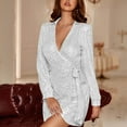 thumbnail image 6 of BLTIBY Women Sequin Evening Dress Hip Wrap V-Neck Ruched Waist Long Sleeve Glitter Cocktail Party Short Slim Formal Gown with Belt White M, 6 of 7
