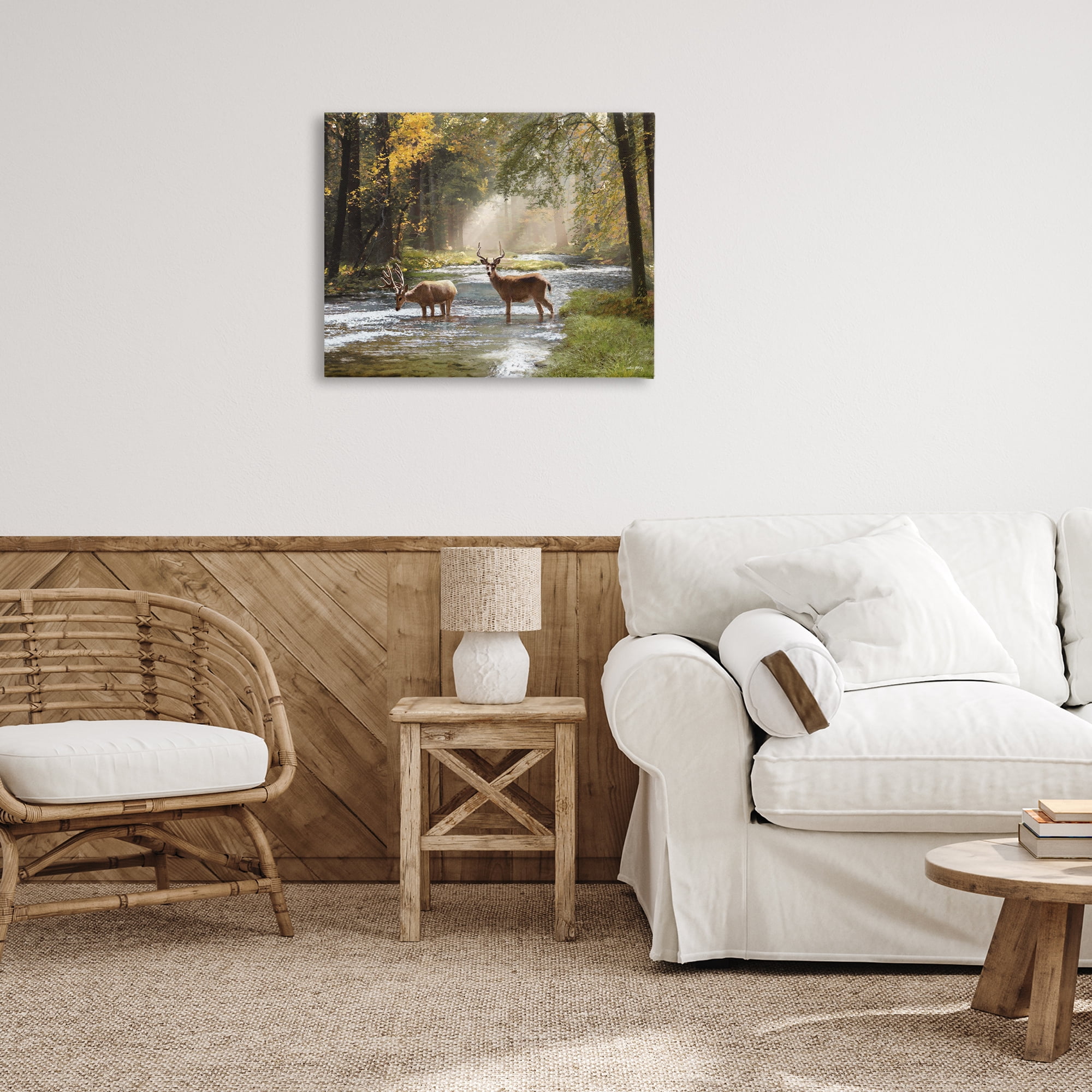 Stupell Industries Deer Grazing in Creek Landscape Painting Gallery Wrapped Canvas Art Print Wall Art, 30 x 24