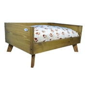 Angle View: Raised Wooden Pet Bed with Removable Cushion - Rustic Brown - Medium
