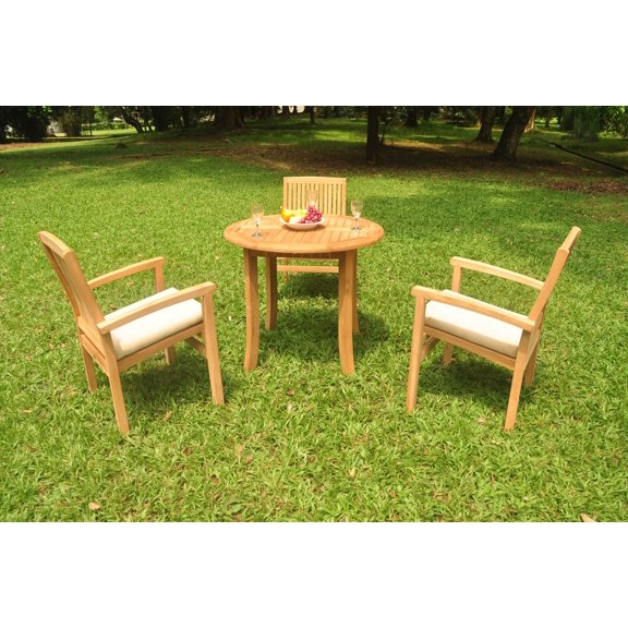 Grade-A Teak Dining Set: 3 Seater 4 Pc: 36" Round Table And 3 Wave Stacking Arm Chairs Outdoor Patio WholesaleTeak #WMDSWVe