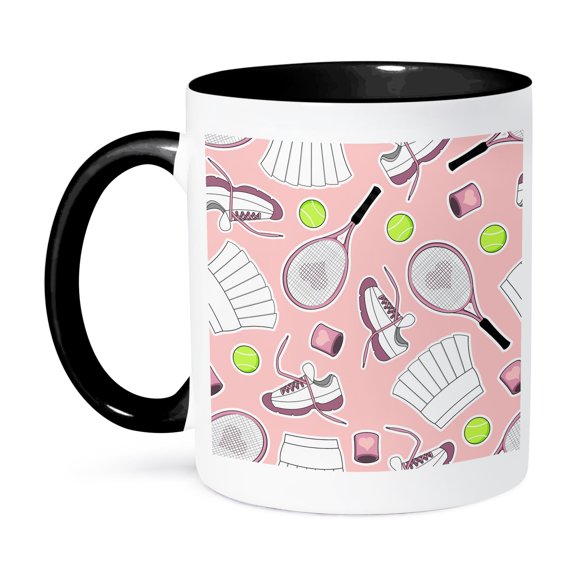 3dRose, Cute Tennis Pattern Pink, 15oz Two-Tone Black Mug