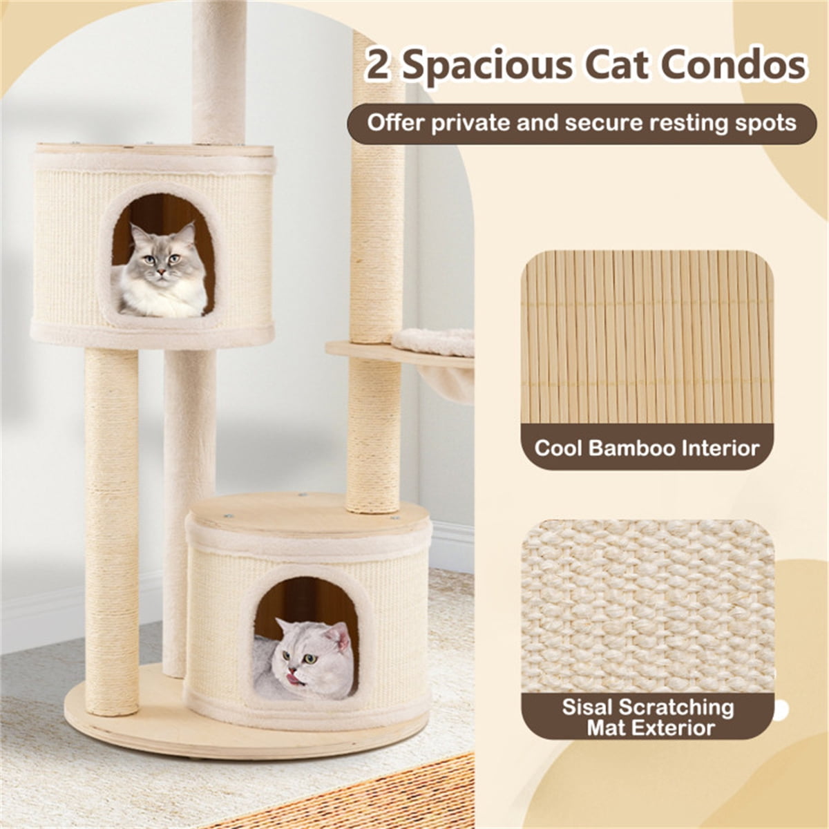 ZephyPaws 60in Tall Cat Tree for Indoor Cats,Wooden Cat Tree Tower with 2 Condo, Sisal Scratching Posts and Board,Top Perch and Basket,Beige