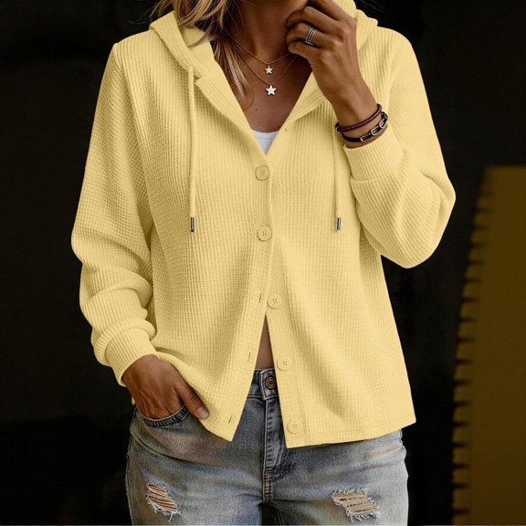 Hxshgdsn Women's Hooded Cardigan Sweater, Long Sleeve Button-Front Knit Coat With Drawstring, Casual Outerwear(Yellow/XL)