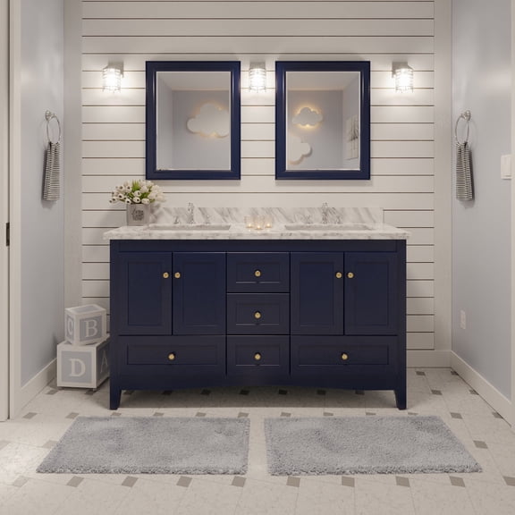 Abbey 60" Double Bathroom Vanity with Royal Blue Cabinet and Carrara Marble Top