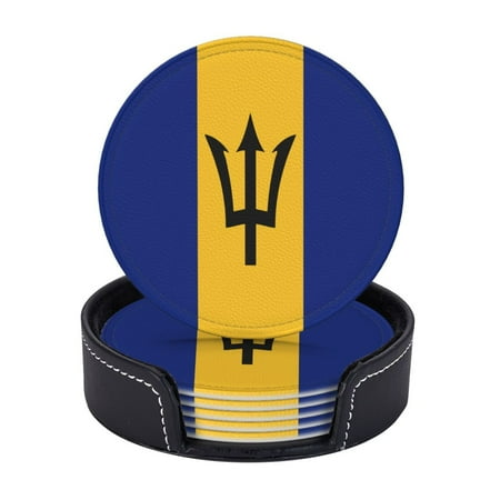 

Barbados National Flag Coasters With Leather Holder Set Of 6 Round Coasters for Home and Kitchen Decor
