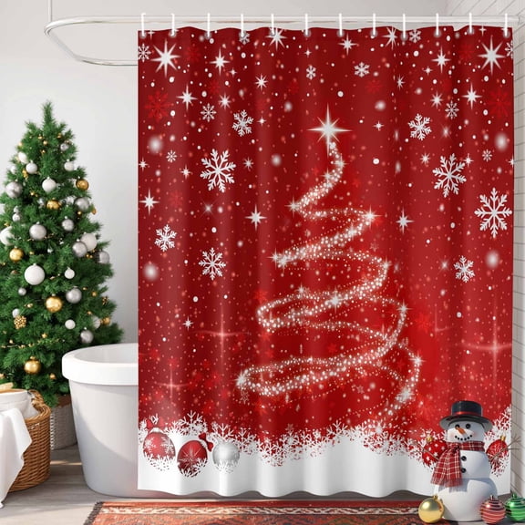 Red Christmas Shower Curtain, 36" x 72", Shiny Star Xmas Tree Balls Snowflakes Winter Waterproof Bathroom Curtain Washable Shower Curtain Set with 12 Hooks