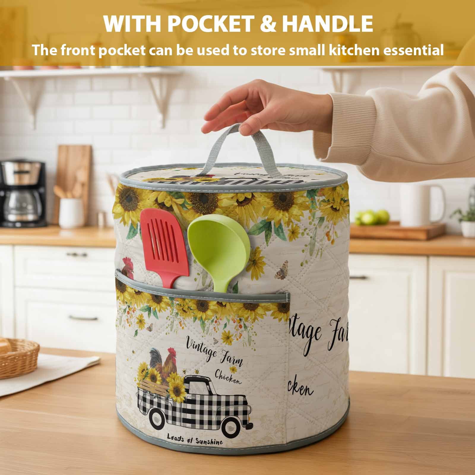 Chicken Truck Sunflower Rice Cooker Cover 6 Quart Vintage Farm Loads of Sunshine Pressure Cooker Cover Appliance Protector Dust Case with Pocket and Handle for Kitchen