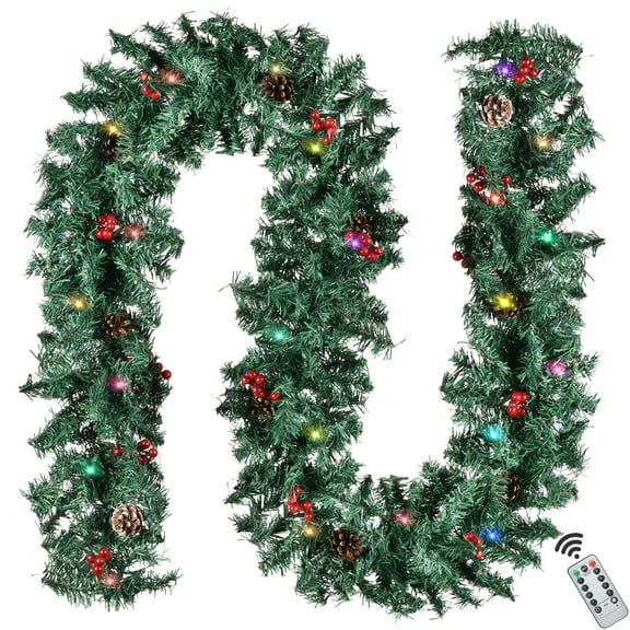 Coolmade 9 ft Prelit Christmas Garland 50 Lights Frosted Xmas Garland Battery Operated,90 Red Berry,18 Pine Cone,Snowy Bristle Pine Artificial Garland Decoration Indoor Home Fireplace Holiday,Colorful