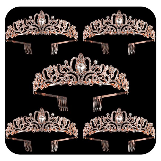 Paquete de 5 coronas de cristal de oro rosa, tiara para mujeres y niñas, elegante corona de princesa con diamantes de imitación con peines, diademas para novia, fiesta de cumpleaños, fiesta de Hallowe