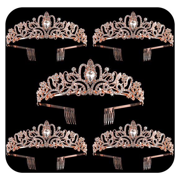 Paquete de 5 coronas de cristal de oro rosa, tiara para mujeres y niñas, elegante corona de princesa con diamantes de imitación con peines, diademas para novia, fiesta de cumpleaños, fiesta de Hallowe