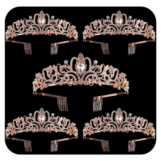 Paquete de 5 coronas de cristal de oro rosa, tiara para mujeres y niñas, elegante corona de princesa con diamantes de imitación con peines, diademas para novia, fiesta de cumpleaños, fiesta de Hallowe
