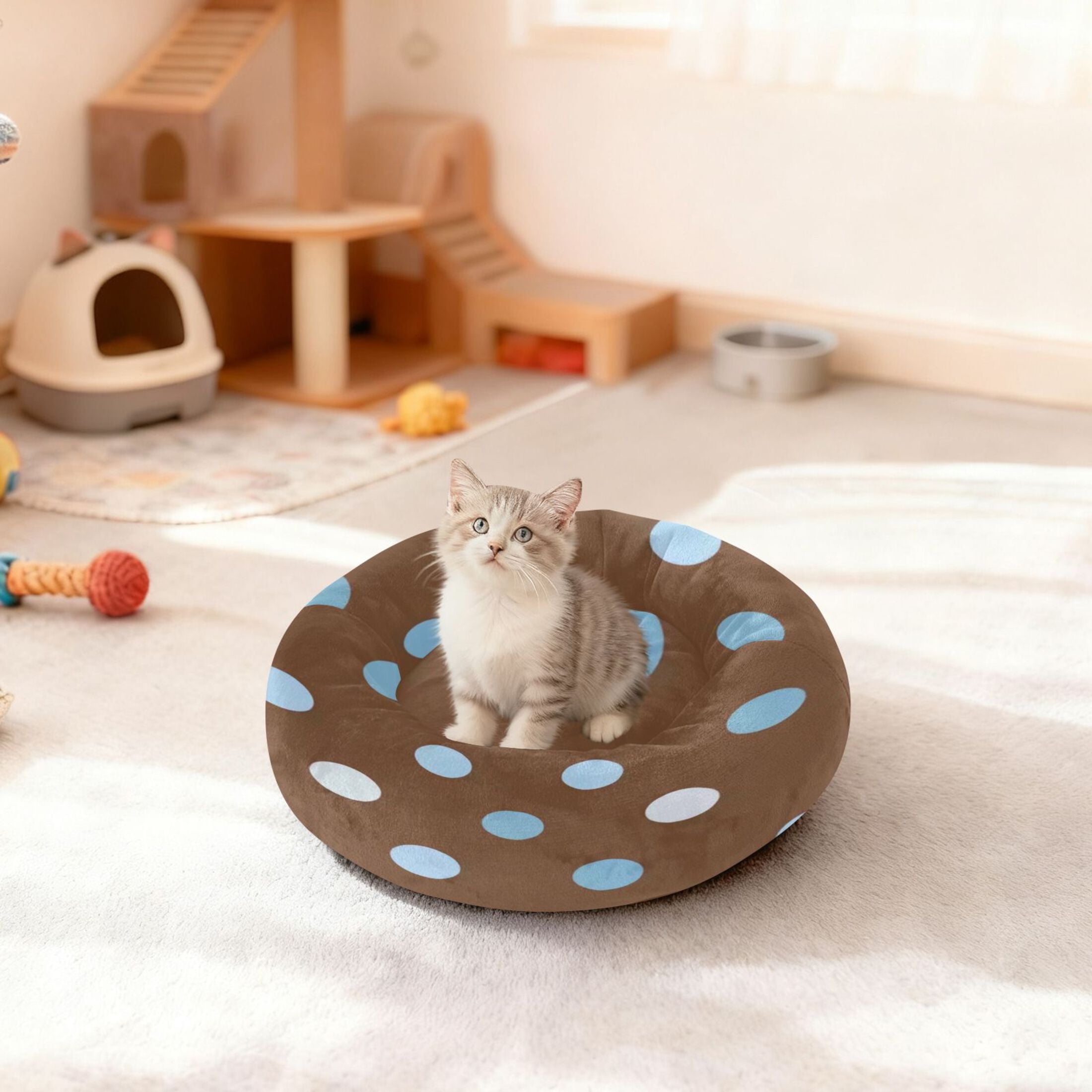 Iauyy Pet Couch Donut Cat Bed for Indoor Cats/Small Dogs Washable & Machine with Non-slip Bottom Calming Cat Furniture, Dot-shaped Brown (M)