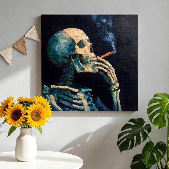Canvas Wall Art Thinking Skeleton Canvas Art Print Mysterious Abstract Skull with Blue Smoke Pictures Wall Decor for Living Room Bedroom Artwork Decorations Stretched Framed Ready to Hang 12"x12"