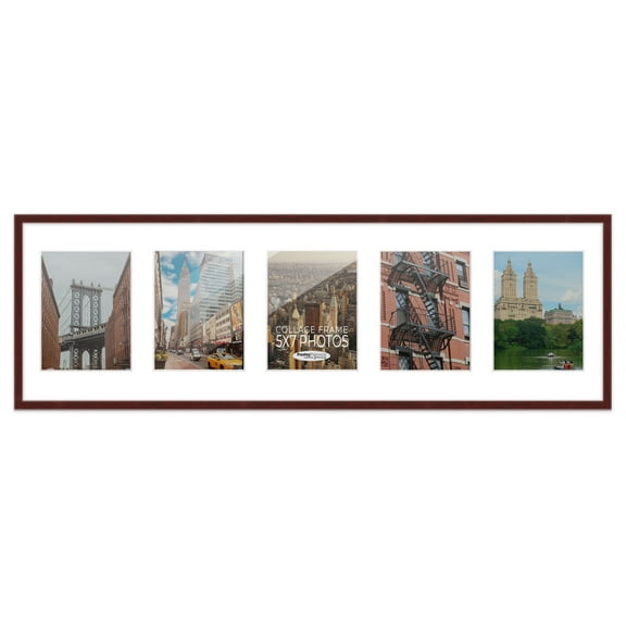 Brown Finish Collage Panoramic Frame - White Mat, Holds Five 5x7 Photos , UV Acrylic, Wall Hanging