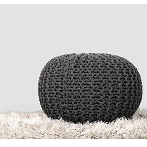 19 x 13 Inch RAJRANG BRINGING RAJASTHAN TO YOU Hand Knit Pure Cotton Pouf Black Braid Cord Stitched Round Ottoman Foot Stool Home Decorative Seat for Guests