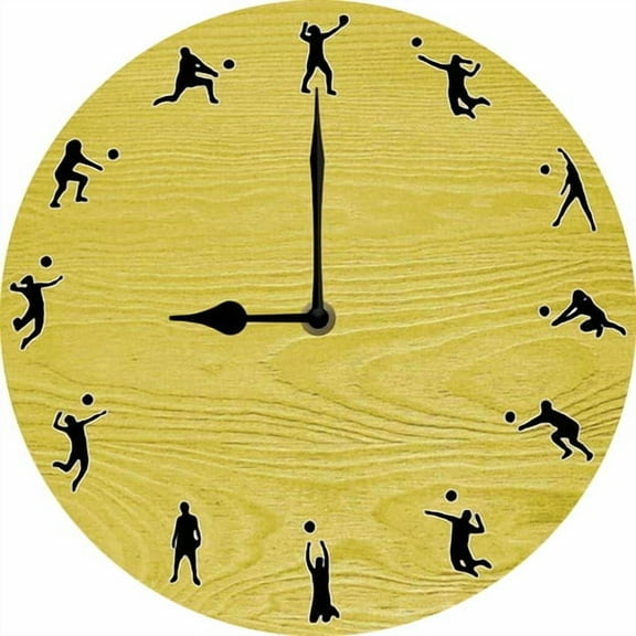 Soliyoahee Volleyball Wooden Wall Clock 10inch Round Retro Clock Silent Non-Tick Battery Powered for Sports Lovers Gift Home Office Home Decoration (Yellow)
