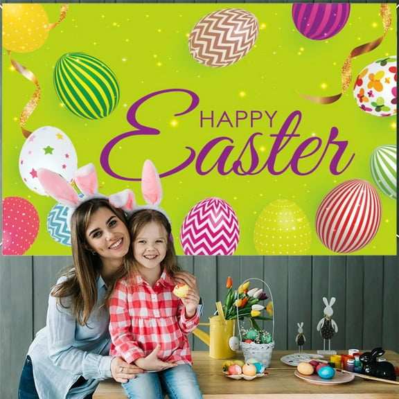 Honeeladyy Happy Easter Backdrop Banner Spring Easter Rabbit Colorful Eggs Graphic Background Bunny Photography for Easter Party Holiday Outdoor Activities Decoration Supplies, 59.05×35.43in