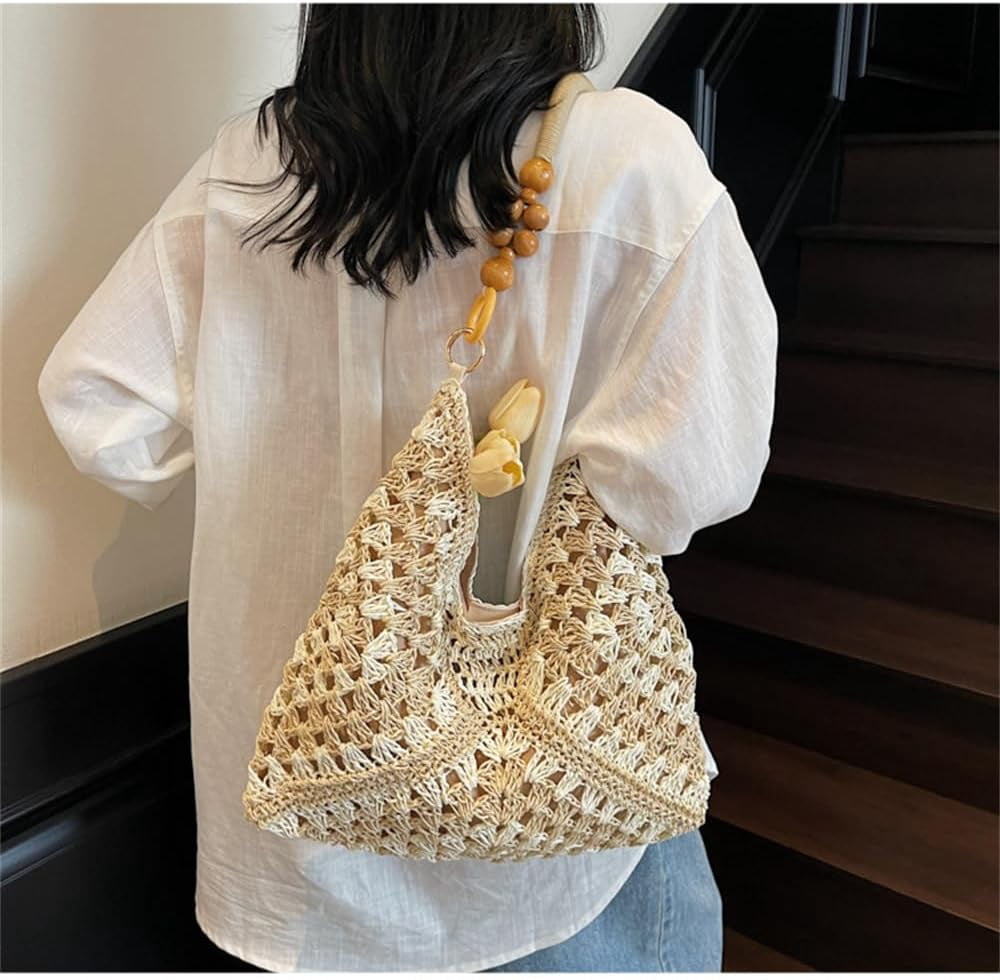 Summer Straw Hobo Bags for Women Boho Woven Mesh Beach Tote Bag Large Capacity Crochet Vacation Shoulder Handbag