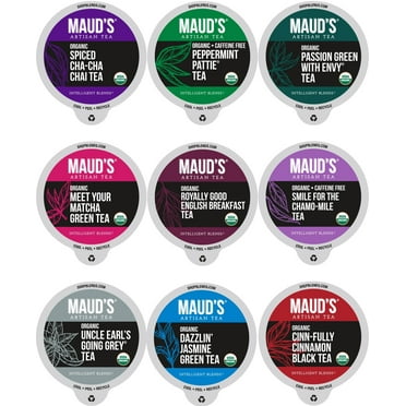 Maud's 9 Blend Organic Tea Pods Variety Pack, 48 ct, 9 Assorted Flavors, Recyclable Single Serve Pods –100% Gourmet Blended Tea Leaves, Compatible with Keurig K Cups Maker