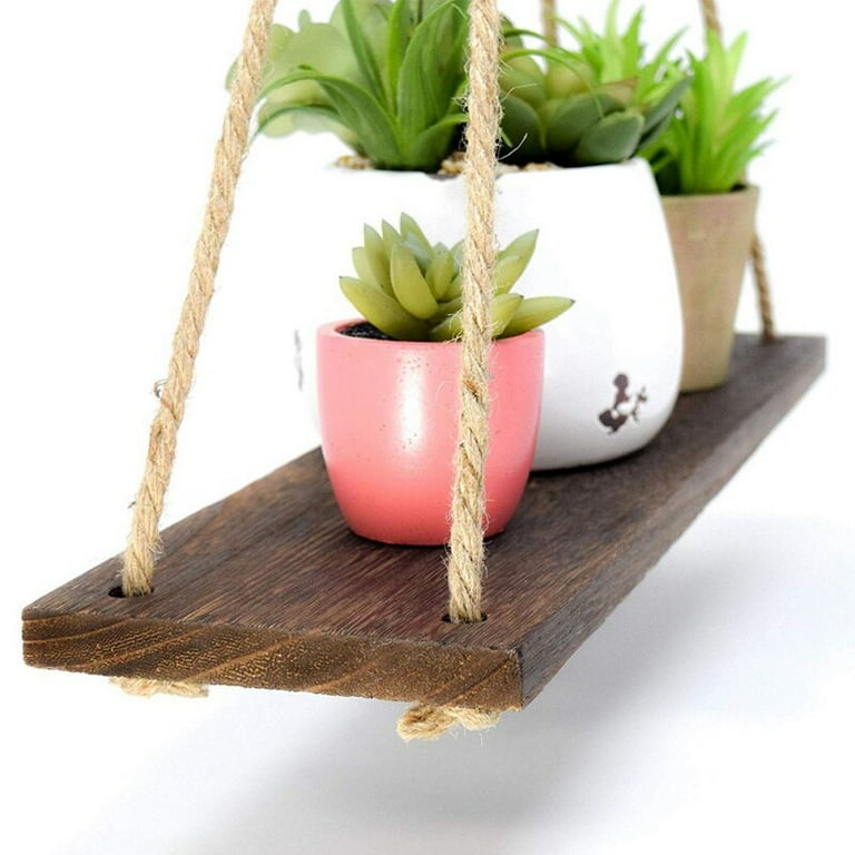 Yirtree Hanging Plant Shelf Wood Rope Hanging Floating Shelf