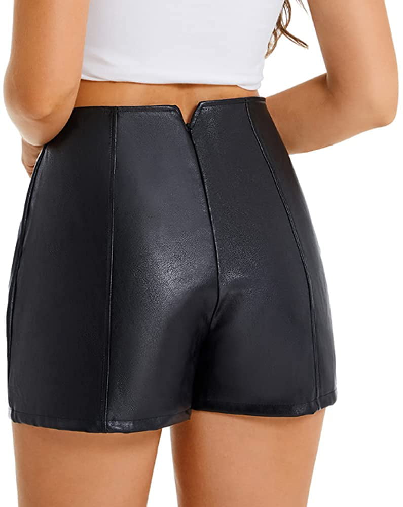 SCHHJZPJ High Waisted Wide Leg Black Faux Leather Shorts for Women 