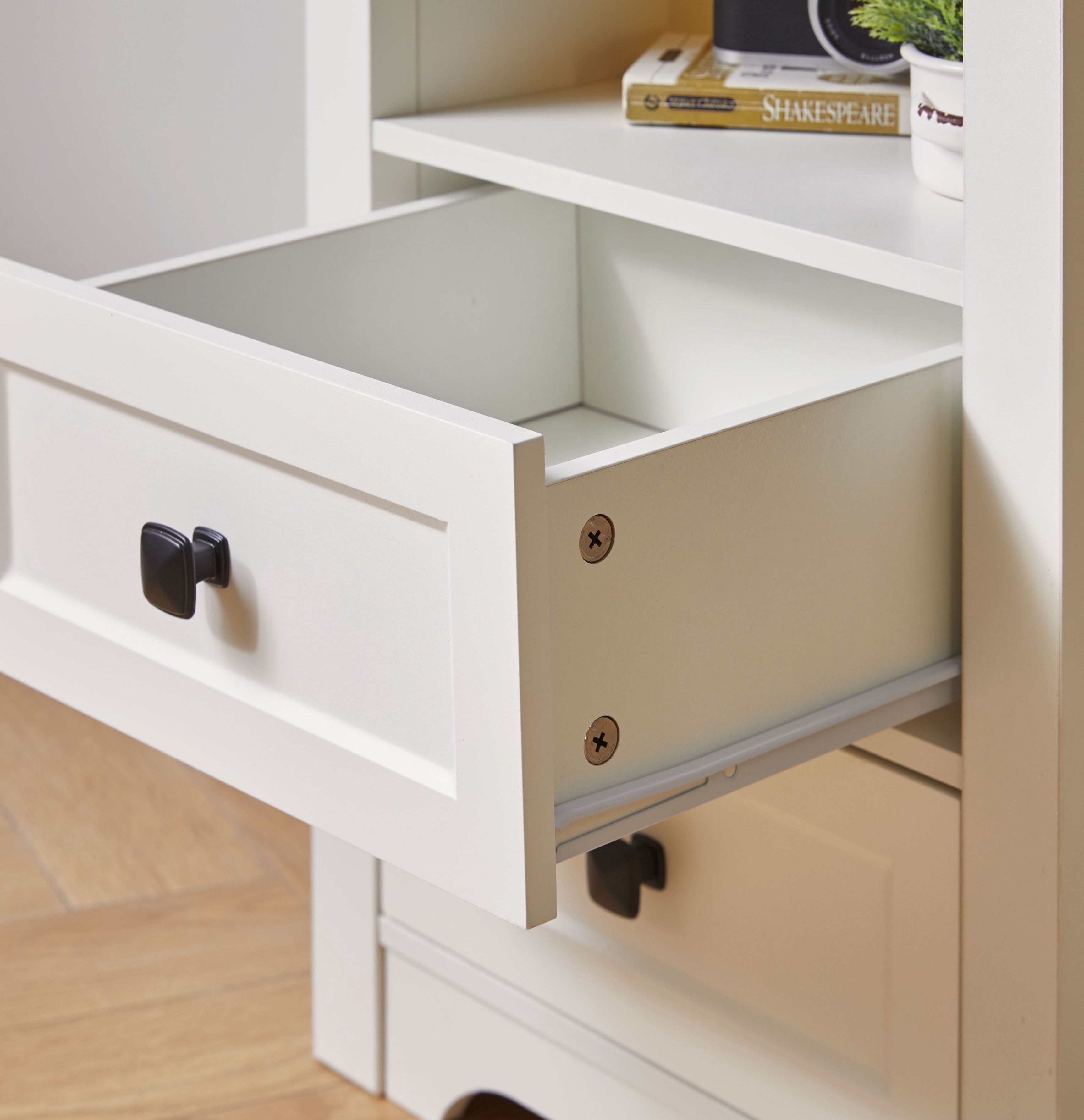 MAYEERTY Farmhouse Nightstand with Charging Station, 2 Drawers & Open Shelf, Wood Bedside End Table with USB Ports & AC Outlets for Bedroom Living Room Small Spaces
