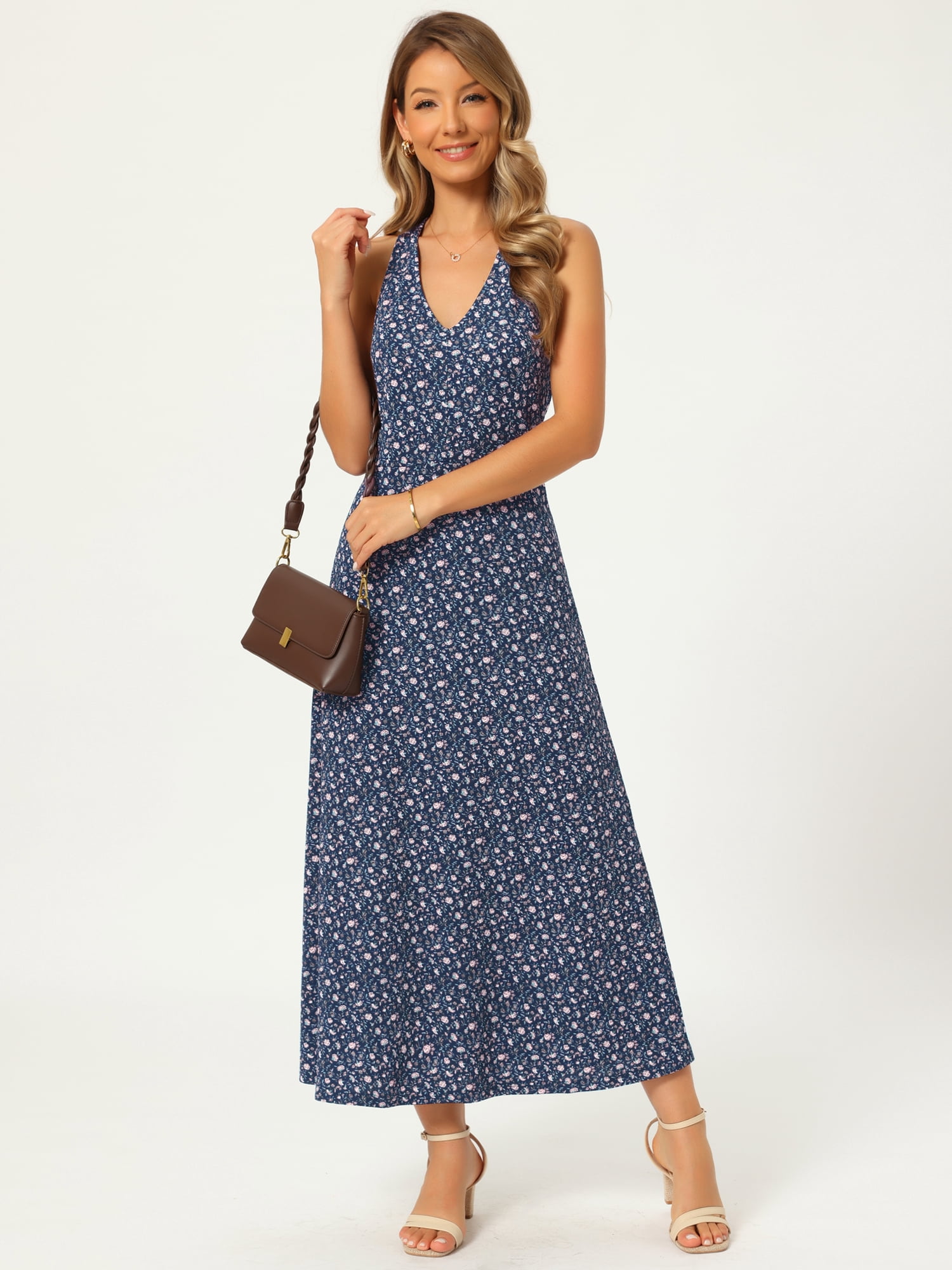 DARING DIVA Women's Halter Sleeveless A-line Maxi Floral Print Casual Sundress M Navy