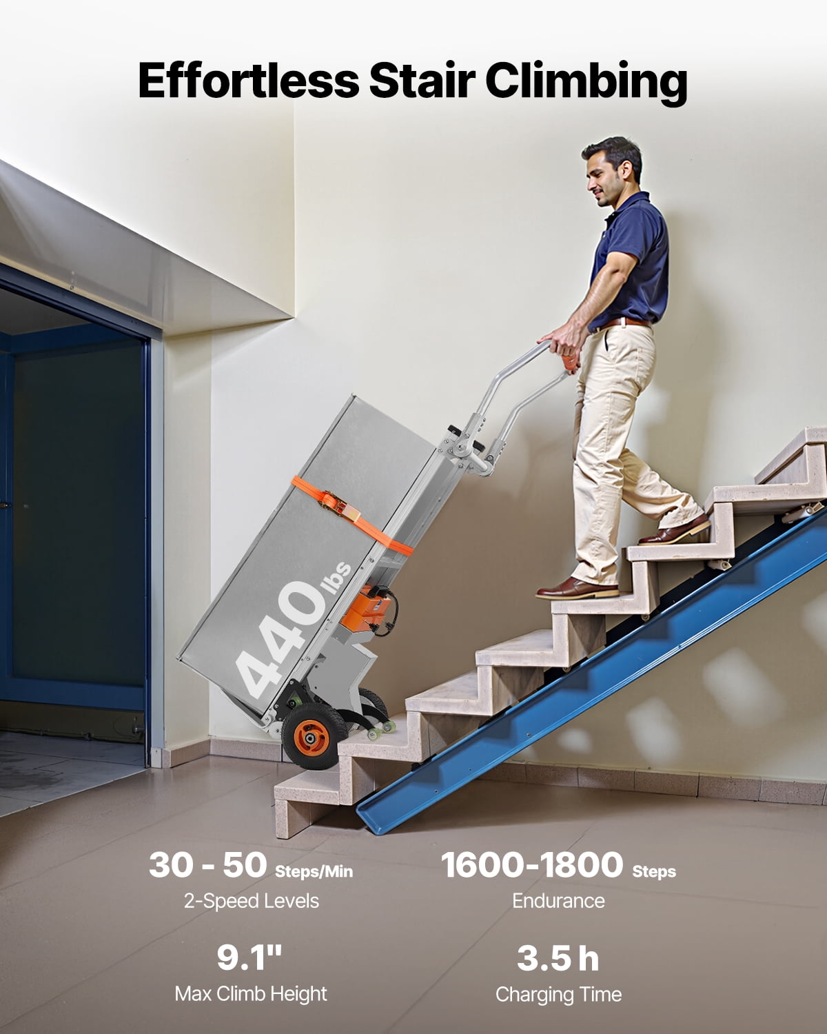 VEVOR Electric Stair Climbing Dolly, 440lbs Capacity Electric Stair Climbing Hand Trucks with 157.5in Rope & Folding Handle, Heavy Duty Stair Climber for Warehouse Logistics,Moving Furniture(Silver)