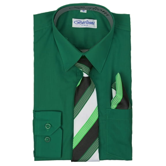 Berlioni Italy Toddlers Kids Boys Long Sleeve Dress Shirt Set With Tie & Hanky (Hunter Green,18)
