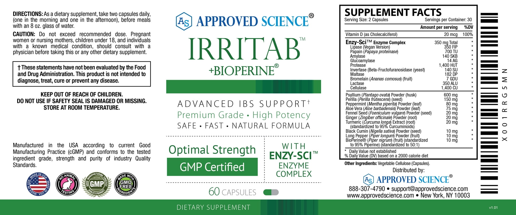 Approved Science Irritab - Natural Digestive Enzyme Support - Total Support - 60 Capsules