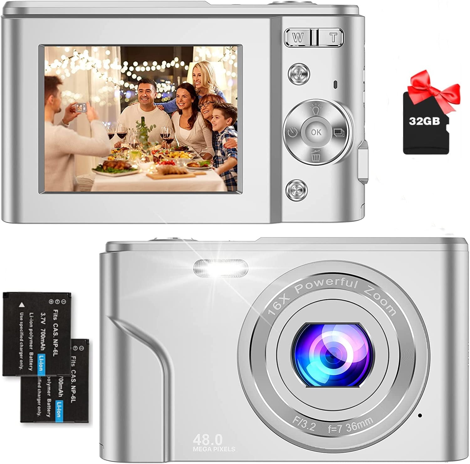 Lecran Digital Camera, FHD 1080P Kids Camera with 32GB Card, 2 Batteries,  Lanyard, 16X Zoom Anti Shake, 44MP Compact Portable Small Point Shoot  Camera