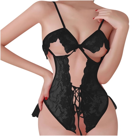 JSGEK Women Floral Lace Cutout Bodysuit Front Tie Up Strappy Lingerie for Special Date Night Black M