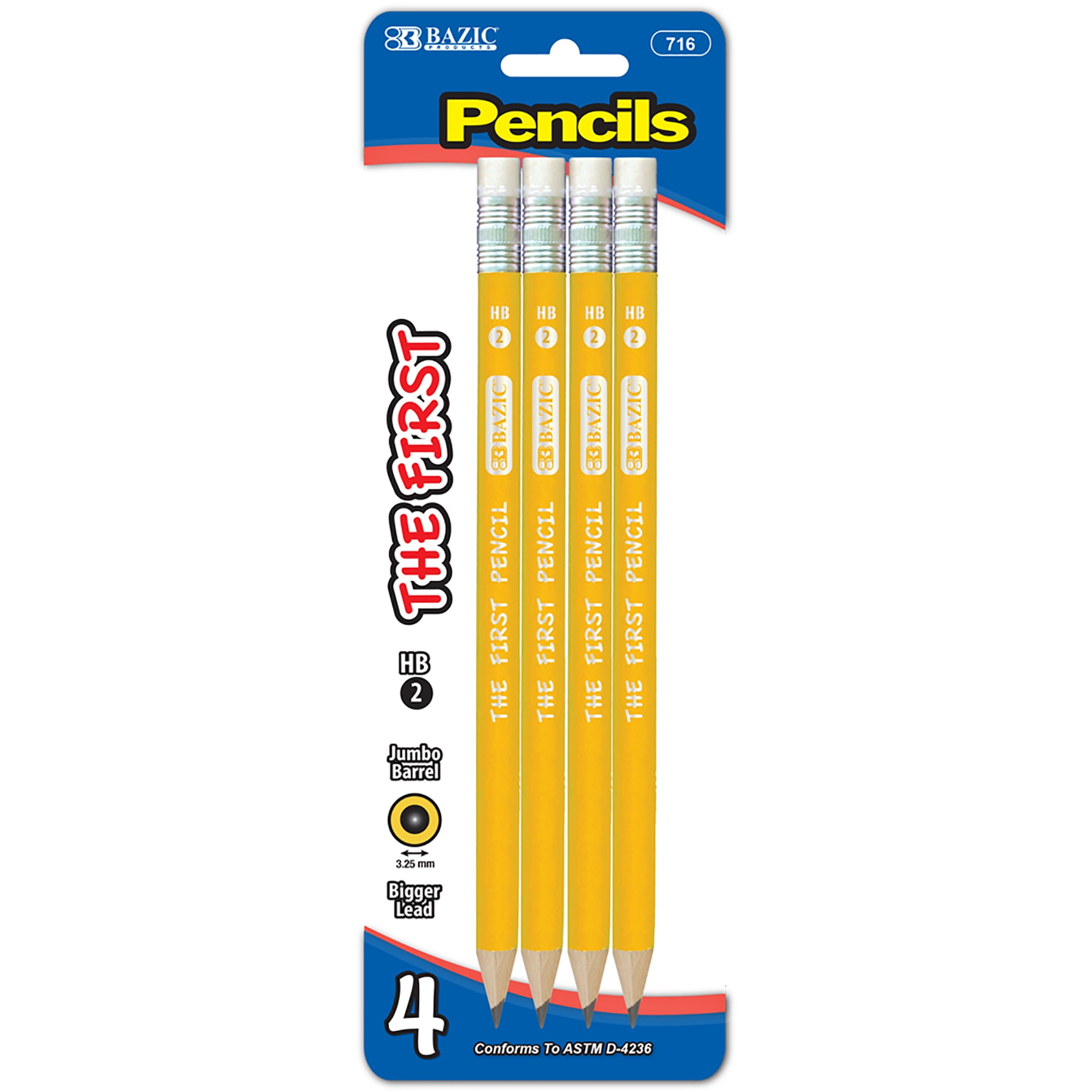 BAZIC Pencil Wood PreSharpened 2 HB Jumbo Pencils, Latex Free Eraser