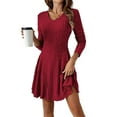 thumbnail image 2 of Robe Courte en Tricot Côtelé à Manches Longues pour Femmes Automne Hiver à Col en V Décontractée Évasée Ligne A Robe Chandail Rouge TTG, 2 of 9