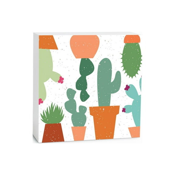 Potted Cactus Cactus Green Orange Pots 5 x 5 Wood Tabletop Sign Plaque