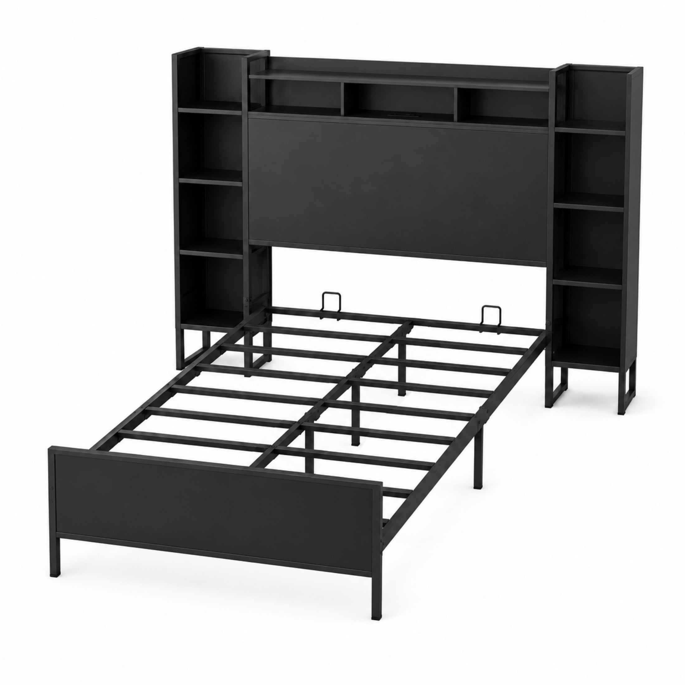 Aukfa Twin Bed Frame with Storage Headboard, USB Charging Station & LED Lights, Heavy Duty Metal Platform Bed with Outlets, No Box Spring Needed, Black