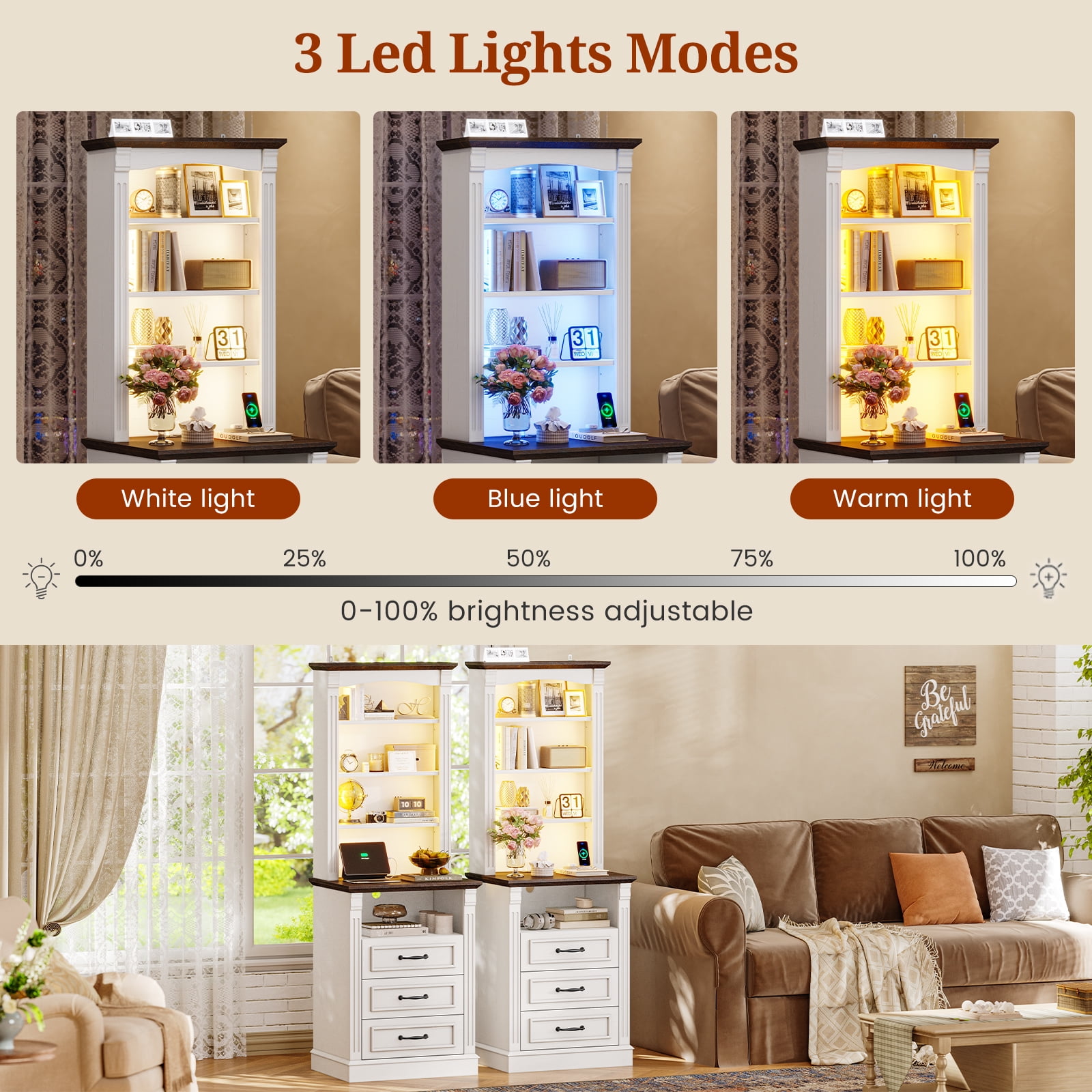 61" Tall Nightstand Set of 2 with Charging Station and LED Lights, End Table with 3 Adjustable Shelves and 3 Drawers, Roman Column Design, Modern White