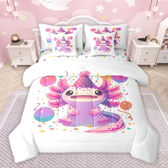 Feelyou Kawaii Axolotl Kids Twin Bedding Sets 7-Piece, Cartoon Pink Sealife Bedding Comforter Set, Happy Birthday Party Reversible Sheet Sets, Ultra Soft Bedroom Decor