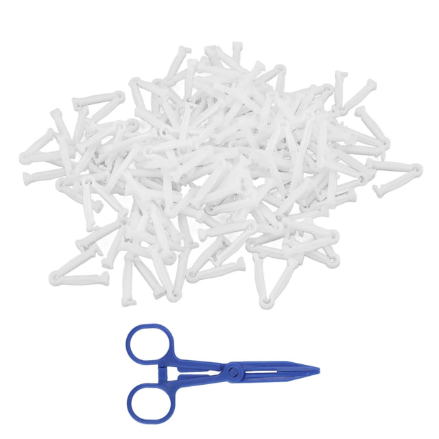 100 pinzas de plástico blancas para cordón umbilical de cerdos, para producción de ganado, con 1 pinza hemostática.